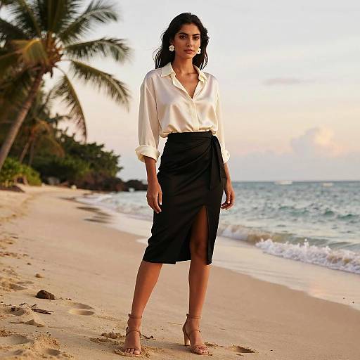 Woman in Contemporary Casual Style Wearing Ivory Silk Blouse on Tropical Beach