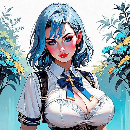 Anime Style Portrait of Blue-Haired Woman in School Uniform with Floral Background