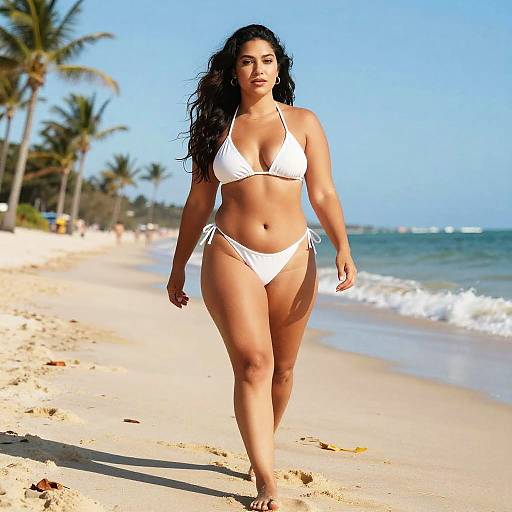 Gen Z Woman Walking on Tropical Beach in White Bikini