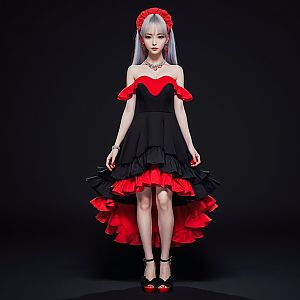 Confident Woman in Black and Red Off-Shoulder Dress