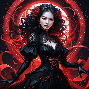 Gothic Woman in Black Dress with Red Accents