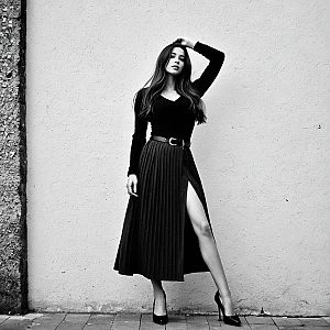 Stylish Woman in Pleated Skirt - Black and White Fashion