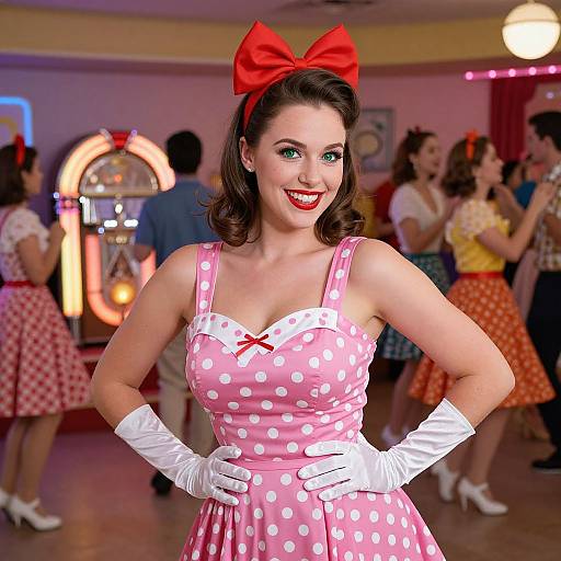 1950s Retro Style Woman in Pink Polka Dot Dress at Vintage Dance Party