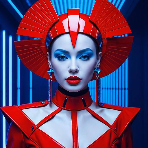 Futuristic Woman in Red Avant-Garde Costume with Neon Blue Lighting