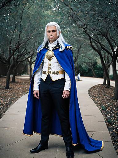 Fantasy Character in Blue Cape Cosplay on Forest Path