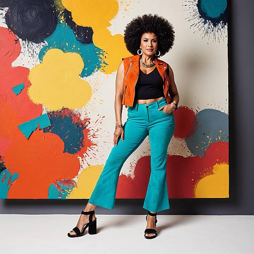 Stylish Woman in Colorful Outfit Posing by Abstract Painted Wall