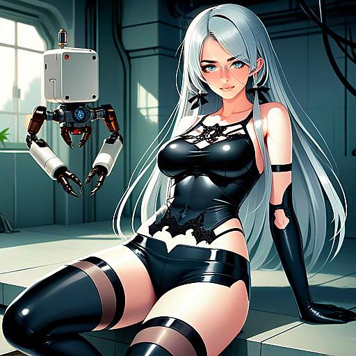 Nier Automata Style Woman with Robot in Futuristic Cyberpunk Illustration