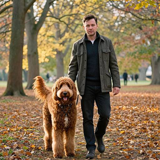 Man Walking Fluffy Brown Dog in Autumn Park