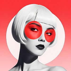 Portrait of a Woman with White Bob and Red Accents