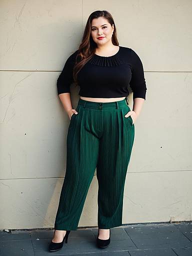 Plus Size Pleated Pants Outfit with Black Top for Women