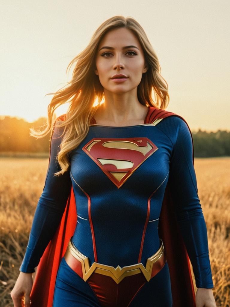 Woman in Supergirl Costume Cinematic Realism Outdoor Golden Hour