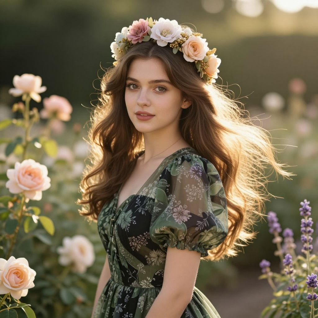 Young Woman with Flower Crown in Romantic Sunlit Garden