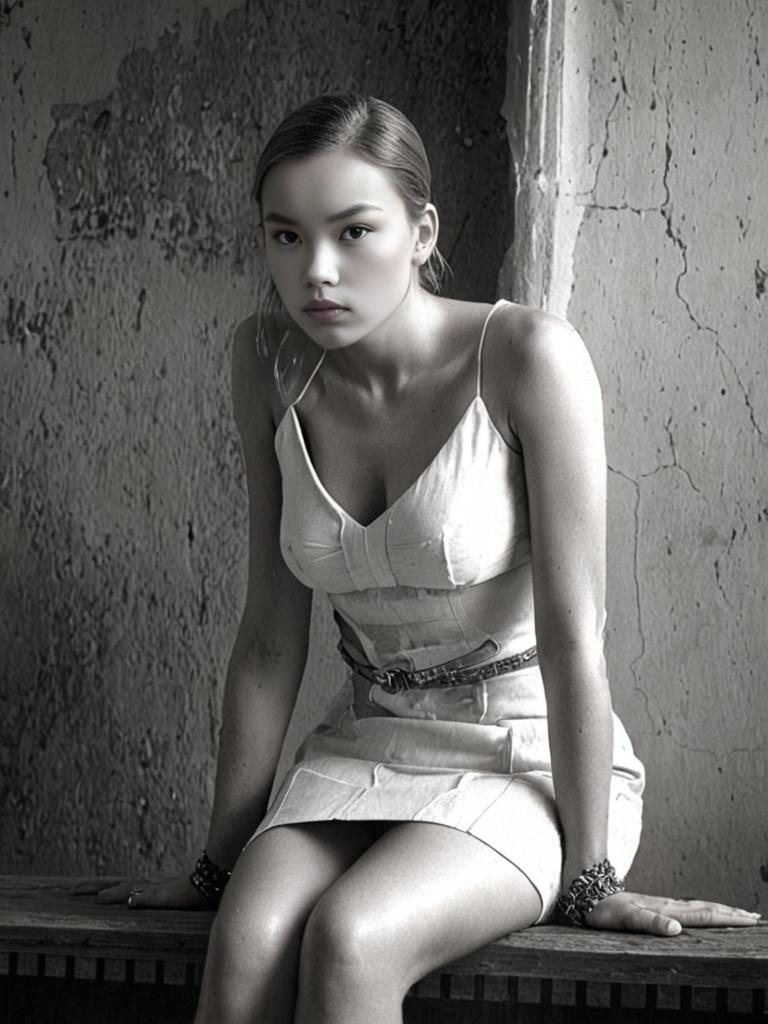 Woman in Minimalist White Dress Against Rustic Wall