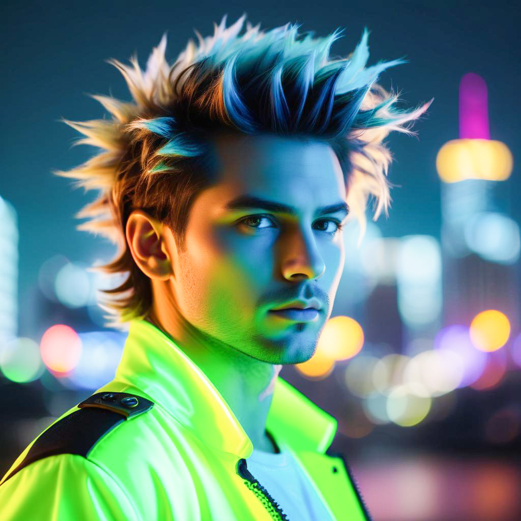 Young Man in Neon Jacket Against Cityscape