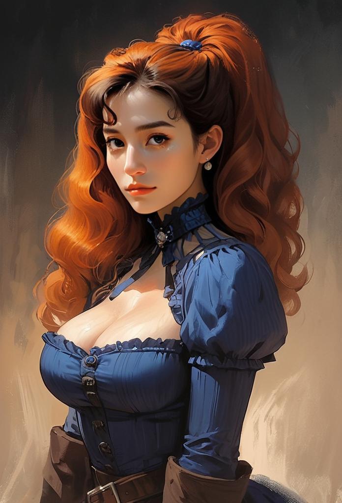 Digital Painting of Woman in Victorian Blue Dress with Red Hair