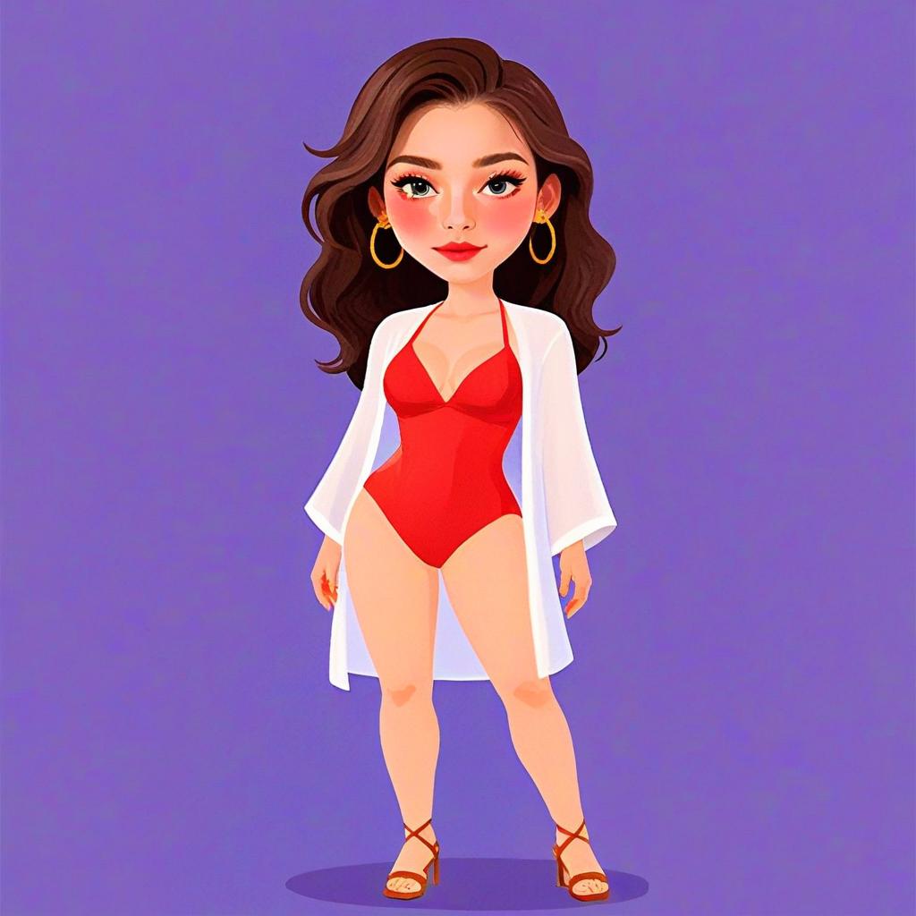 Woman in Bold Red Plunge Neck Swimsuit with White Cover-Up Illustration