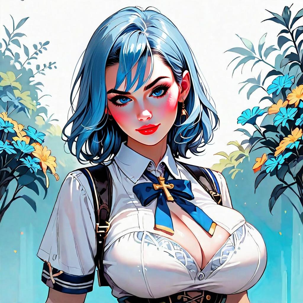 Anime Style Portrait of Blue-Haired Woman in School Uniform with Floral Background