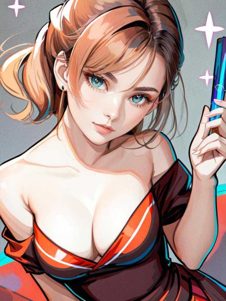 Anime Woman with Blue Eyes and Ponytail Holding Smartphone