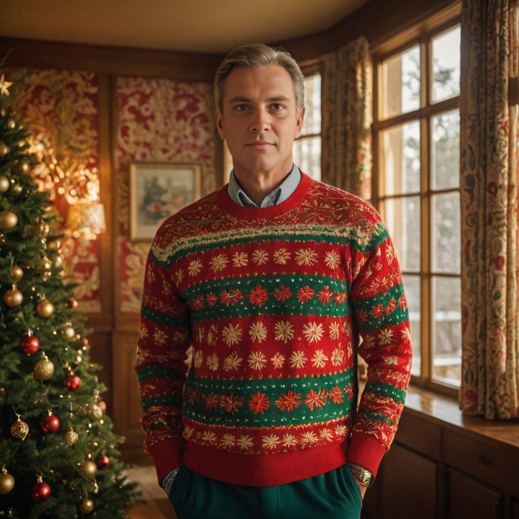 Man in Christmas Sweater in Cozy Decorated Room