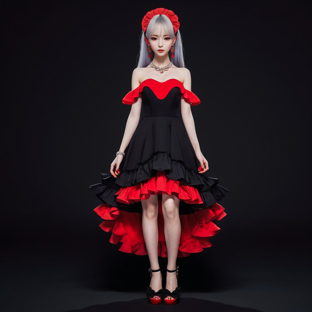 Confident Woman in Black and Red Off-Shoulder Dress