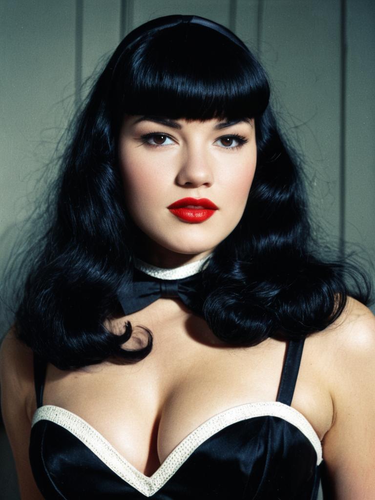 Woman in Bettie Page Bangs Hairstyle and Vintage Pin-Up Costume Cosplay