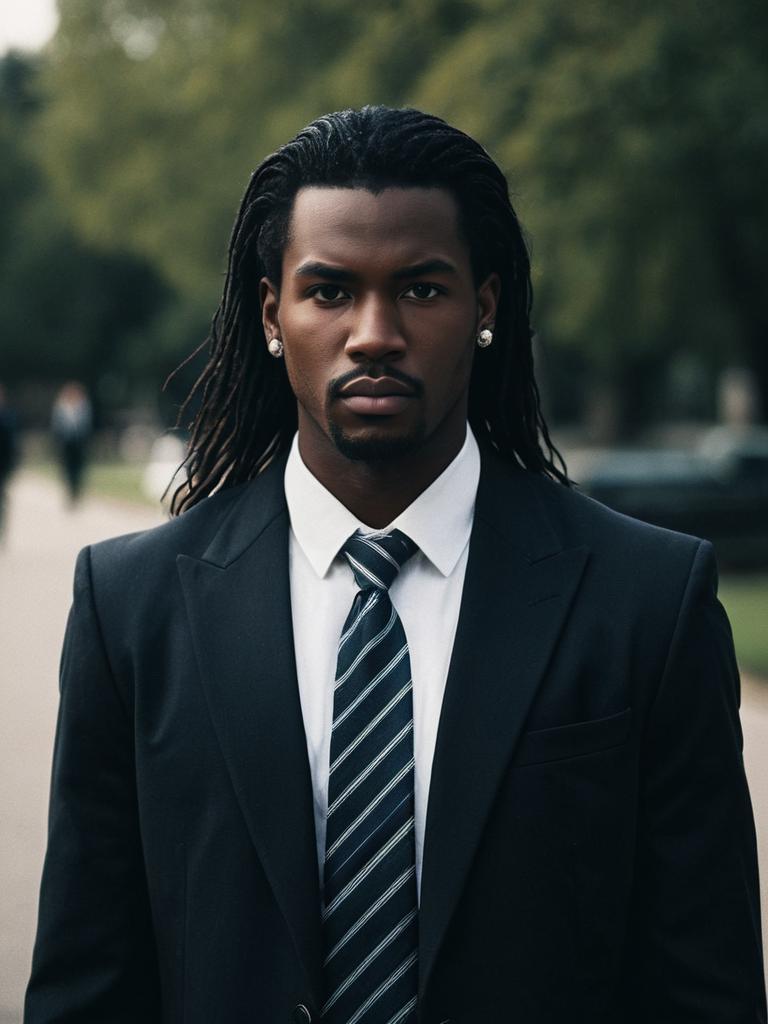 Man in Oversized Black Blazer with Striped Necktie Outdoors