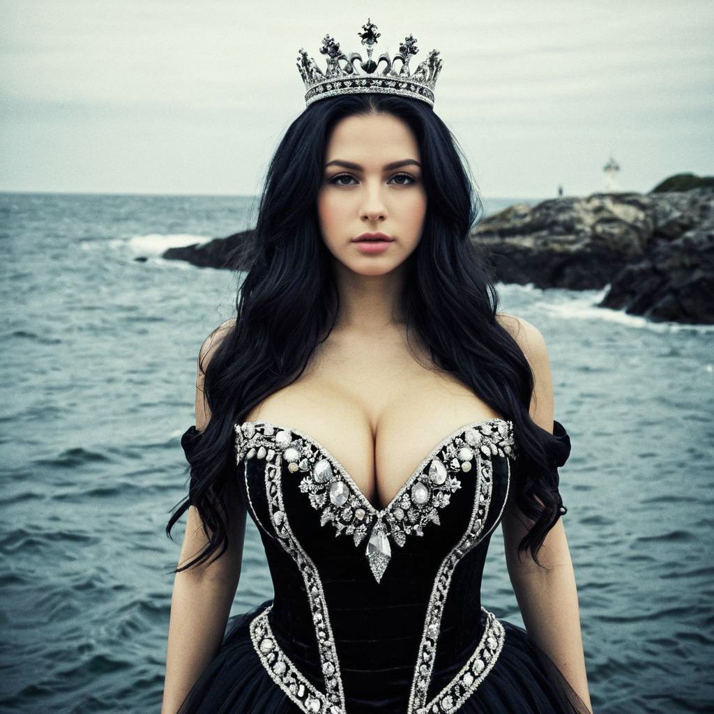 Regal Woman by the Sea in Elegant Black Dress Regal Woman by the Sea in Elegant Black Dress