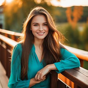 Portrait of Smiling Woman in Teal Blouse Leaning on Wooden Railing at Golden Hour