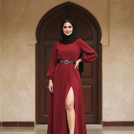 Elegant Woman in Maroon Dress with Black Hijab Standing by Ornate Wooden Door