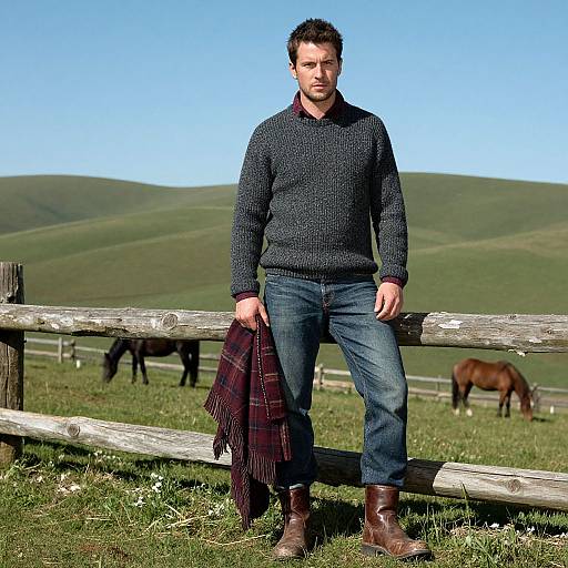 Man in Rustic Outfit Standing by Fence with Horses in Countryside