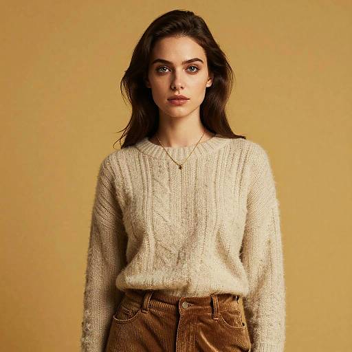 Young Woman in Cream Cable Knit Sweater and Brown Corduroy Pants on Beige Background