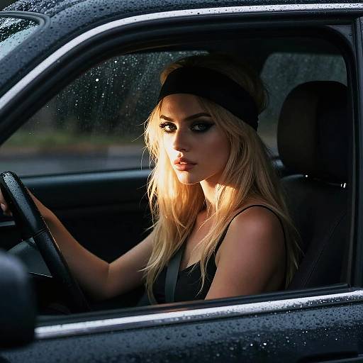 Blonde Woman Driving Black Car with Raindrops and Moody Lighting