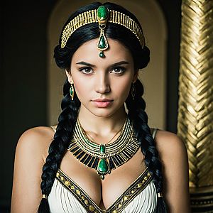 Woman in Ancient-Inspired Costume with Gold and Green Jewelry