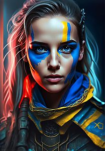 Portrait of Young Woman with Blue Eyes and Futuristic Armor