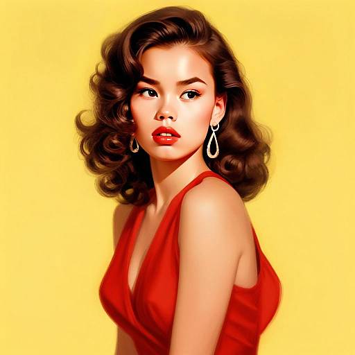 Vintage Hollywood Glamour Woman in Red Dress on Yellow Background