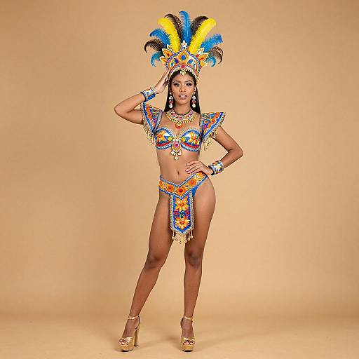 Woman in Vibrant Colorful Carnival Costume with Feathered Headdress