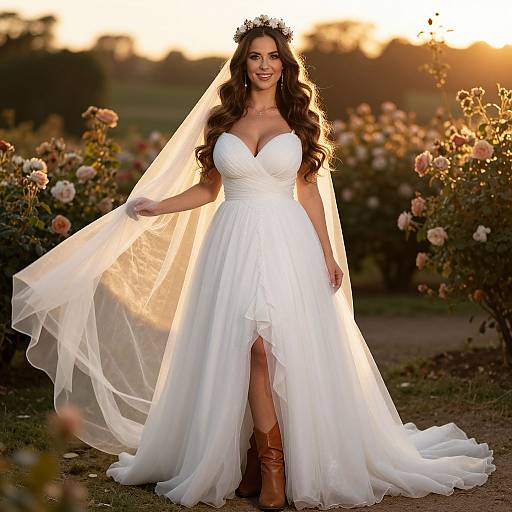 Bride in Flowing Wedding Dress with Veil in Rose Garden