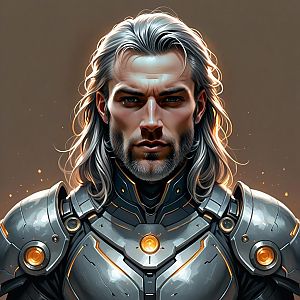 Futuristic Man in Silver Armor with Orange Accents