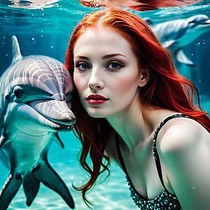 Red-haired Woman with Dolphin Underwater Portrait