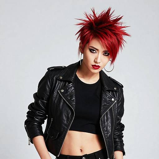 Edgy Woman with Red Spiky Hair in Black Leather Jacket