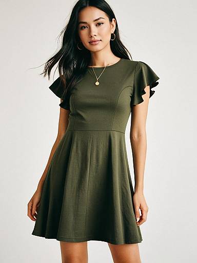 Minimalist Olive Green T-Shirt Dress with Round Neckline and Flutter Sleeves