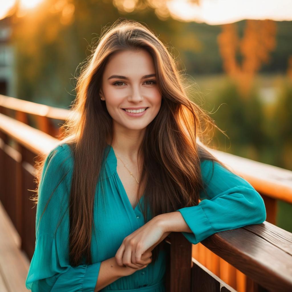 Portrait of Smiling Woman in Teal Blouse Leaning on Wooden Railing at Golden Hour