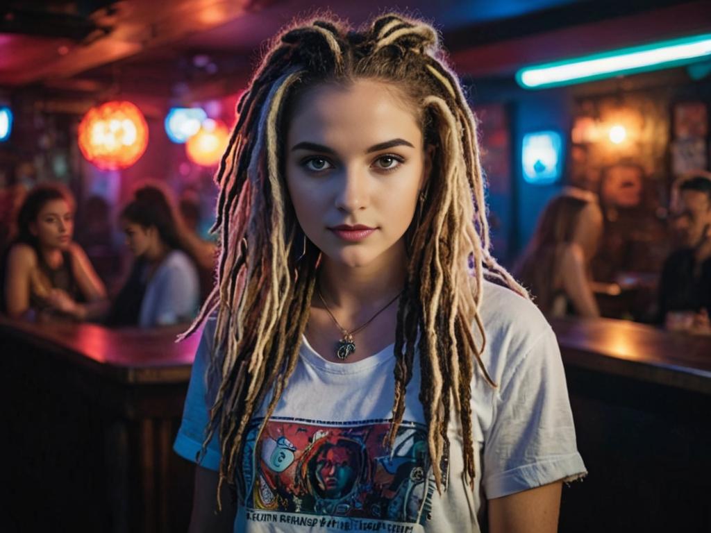 Portrait of a White Woman with Dreadlocks in a Bar