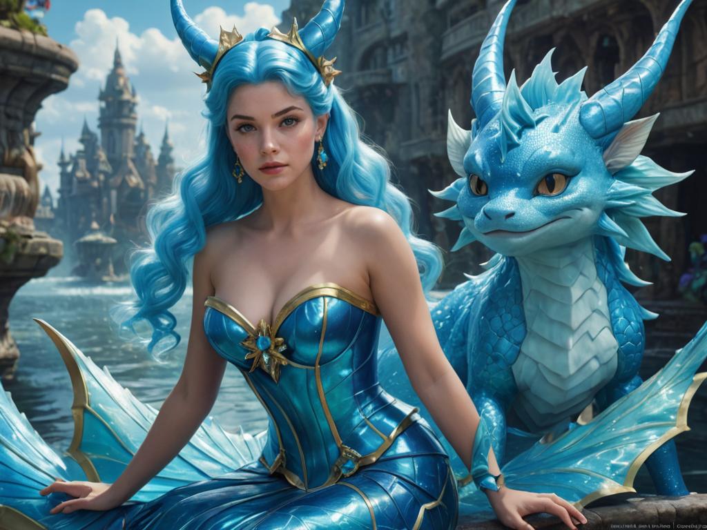 Humanized Vaporeon with Dragon Companion in Fantasy Cityscape