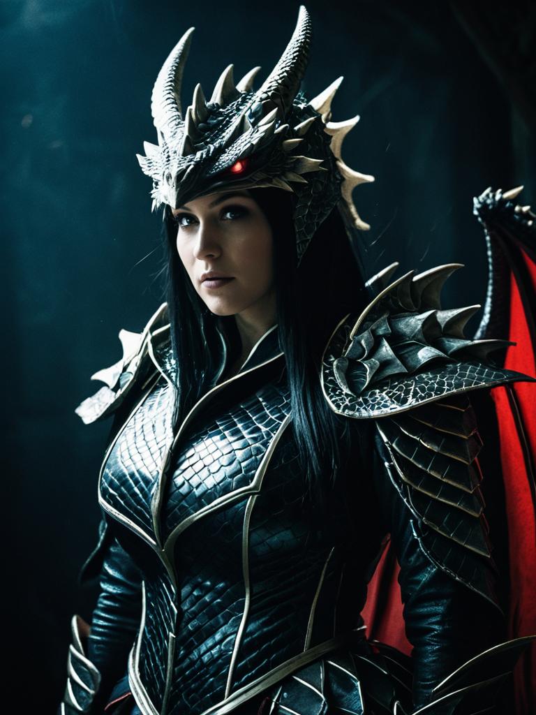 Woman in Detailed Dragon Costume Waist Up Dramatic Cosplay Portrait