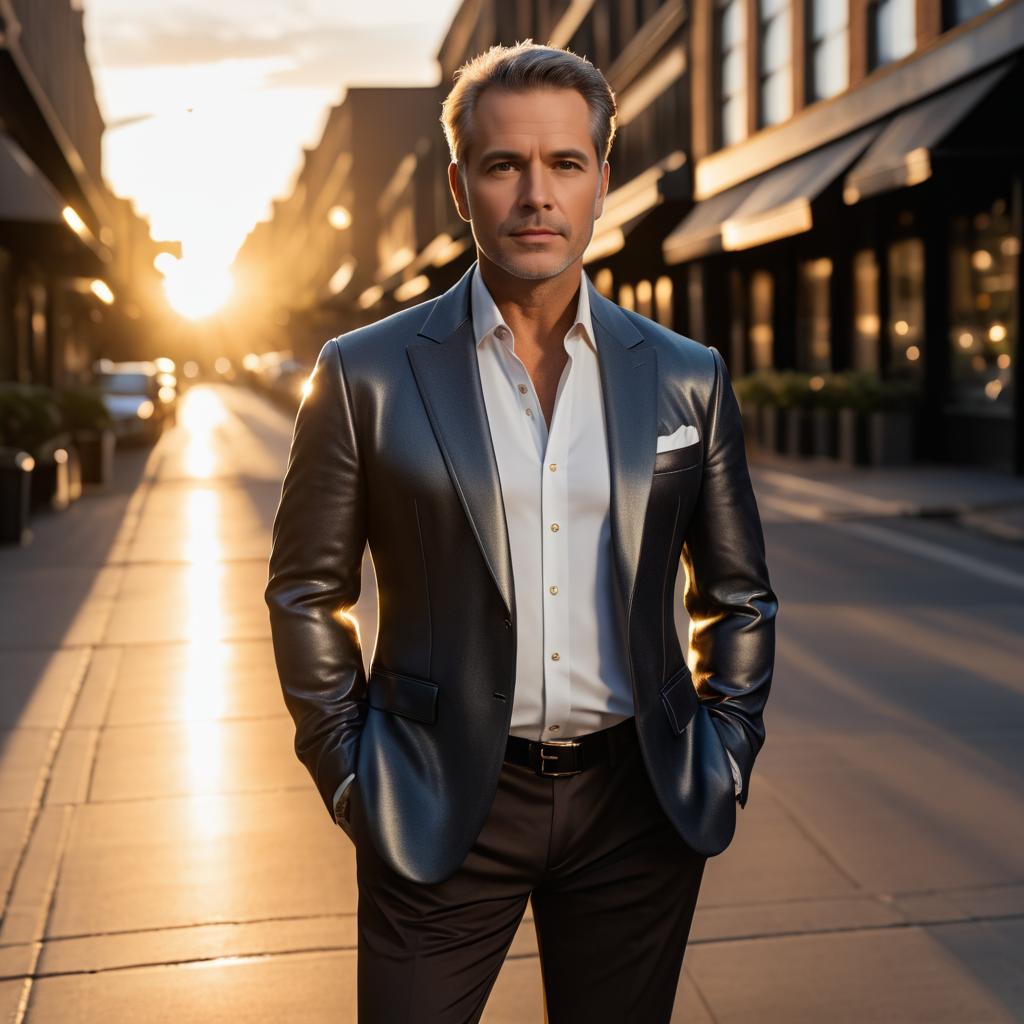 Confident Man in Black Suit at Sunset