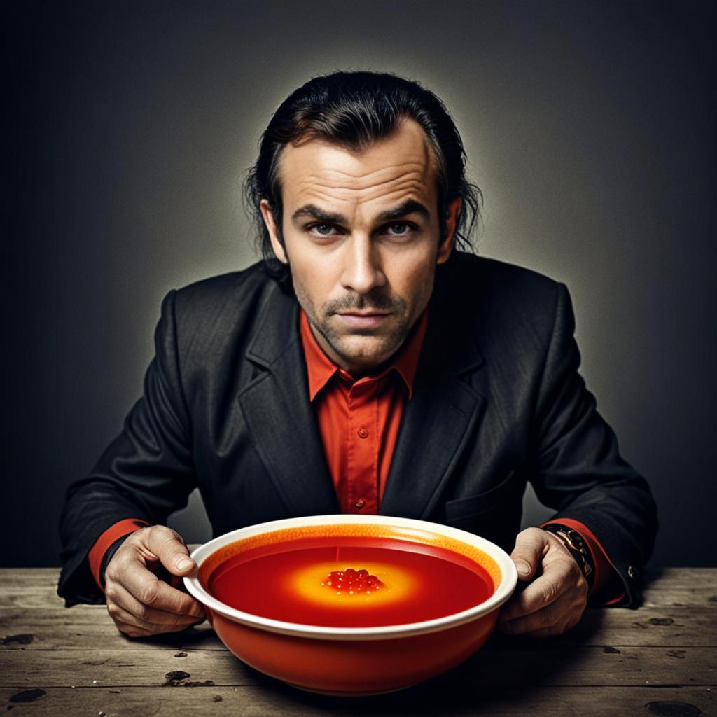 Man in Black Suit Presenting Vibrant Soup