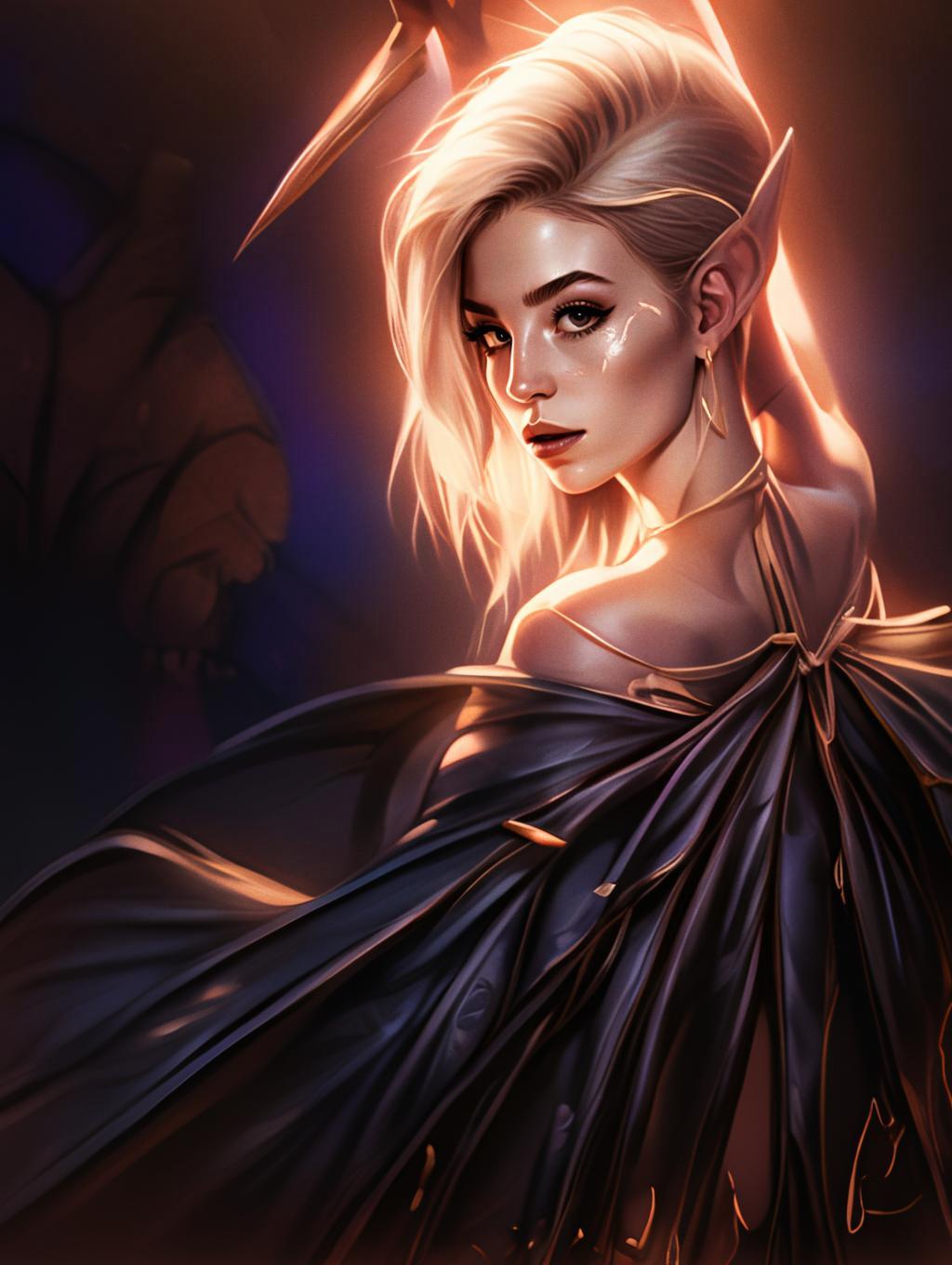 Fantasy Digital Art of Elegant Elf Woman in Flowing Dark Garment