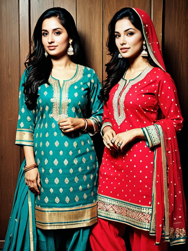 Traditional South Asian Women in Embroidered Teal and Red Kurtas