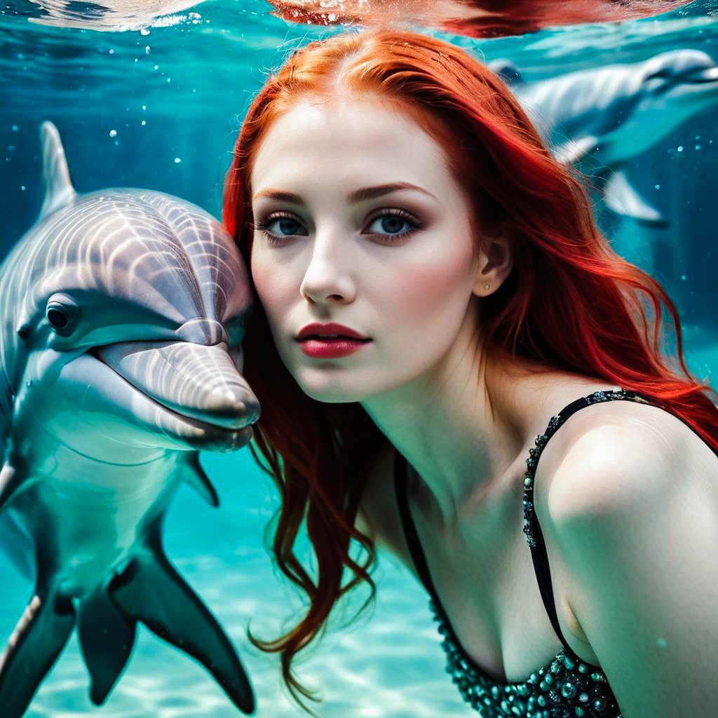 Red-haired Woman with Dolphin Underwater Portrait